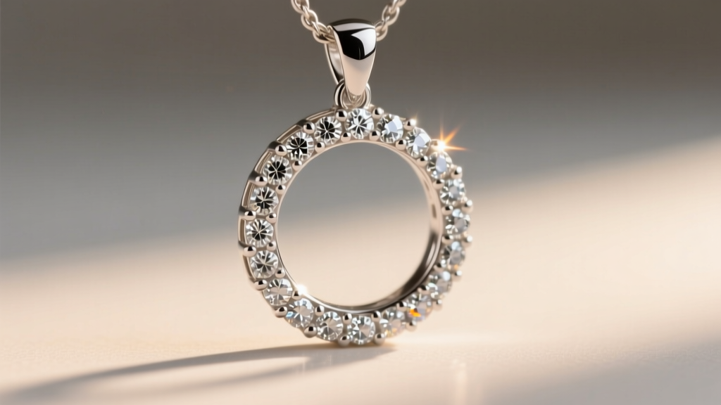 Macro photography of tiny melee diamonds set in a platinum halo pendant showing the prong settings and metalwork details clearly.