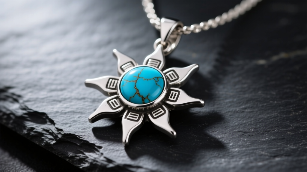 Close-up of a heavy 925 sterling silver Aztec sun pendant necklace with natural blue turquoise cabochons resting on dark slate