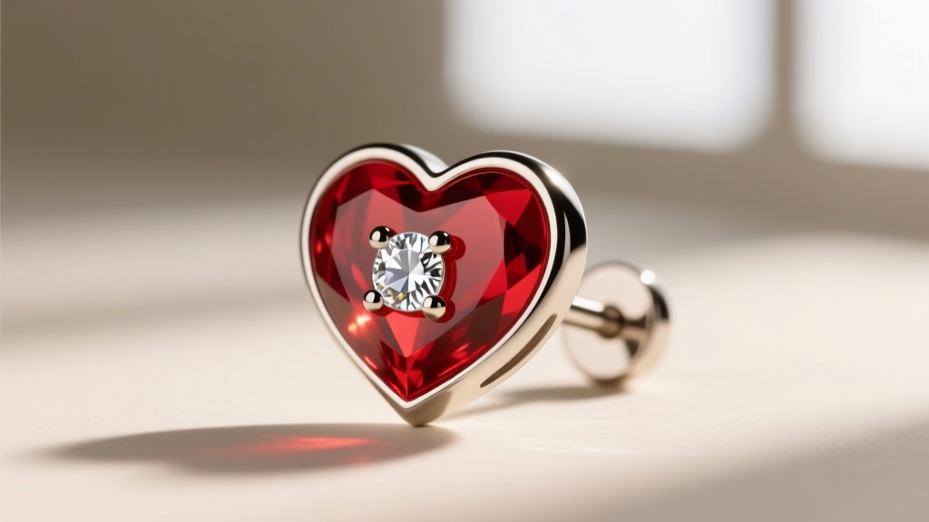 Macro shot of 20-gauge titanium post conversation heart earring with translucent red acrylic and a small cubic zirconia gemstone