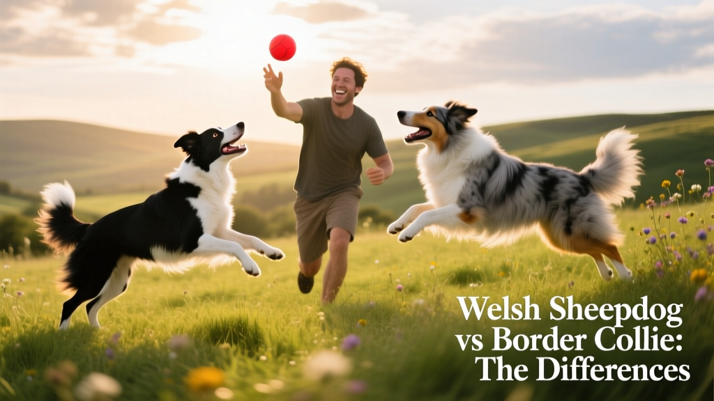 A happy owner playing fetch with a Border Collie and Welsh Sheepdog together in a sunlit meadow