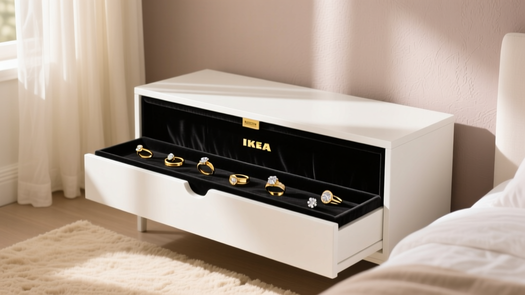 White IKEA MOPPE chest modified with black velvet inserts, displaying gold rings and diamond studs under warm, soft bedroom light