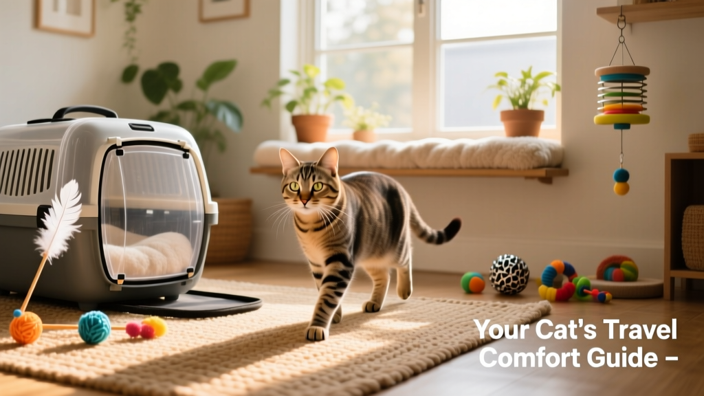 A happy cat stepping confidently out of their carrier into a sunlit, cat-safe room with toys, a window perch, and a cozy bed