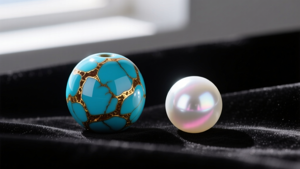 Macro view of Kingman turquoise bead with brown matrix beside a lustrous round white Akoya pearl resting on dark velvet fabric