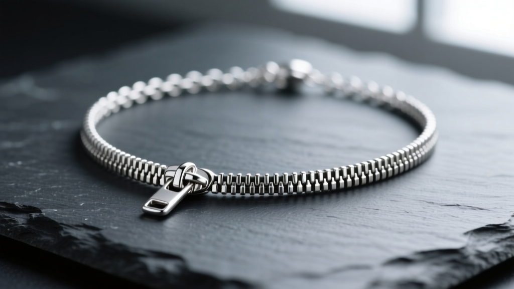 Close-up of a sterling silver zipper necklace fully unzipped on dark slate, soft lighting highlighting the intricate metal teeth.
