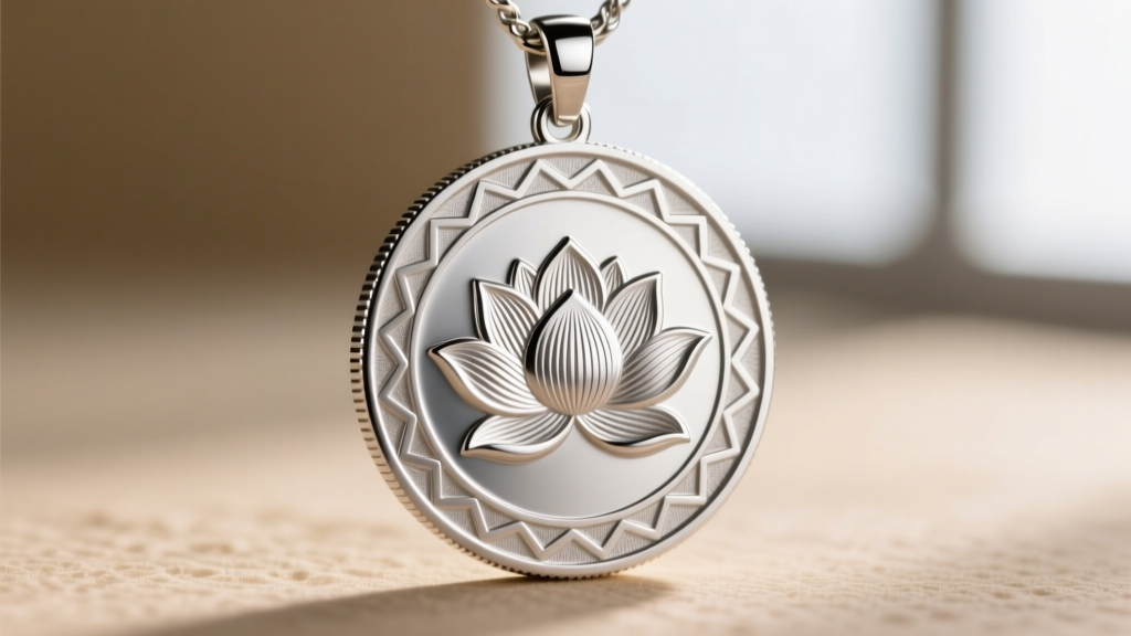 Macro shot of a 316L stainless steel CNC-milled coin pendant, showing intricate relief details and brushed metal texture.