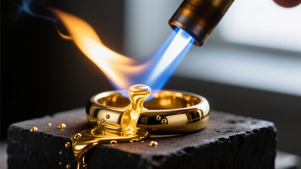 Macro shot of a torch heating a 14k gold ring shank, melting hard solder into the joint on a dark charcoal soldering block