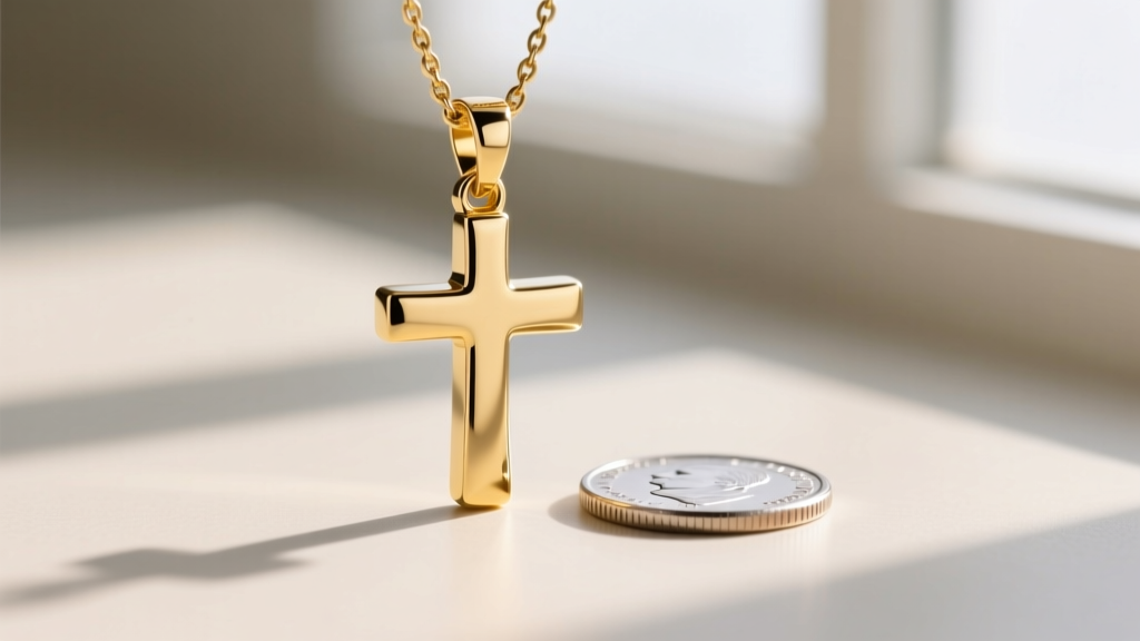Macro shot of a 7mm 14k yellow gold cross pendant beside a coin for scale, highlighting the high-polish finish and crisp edges