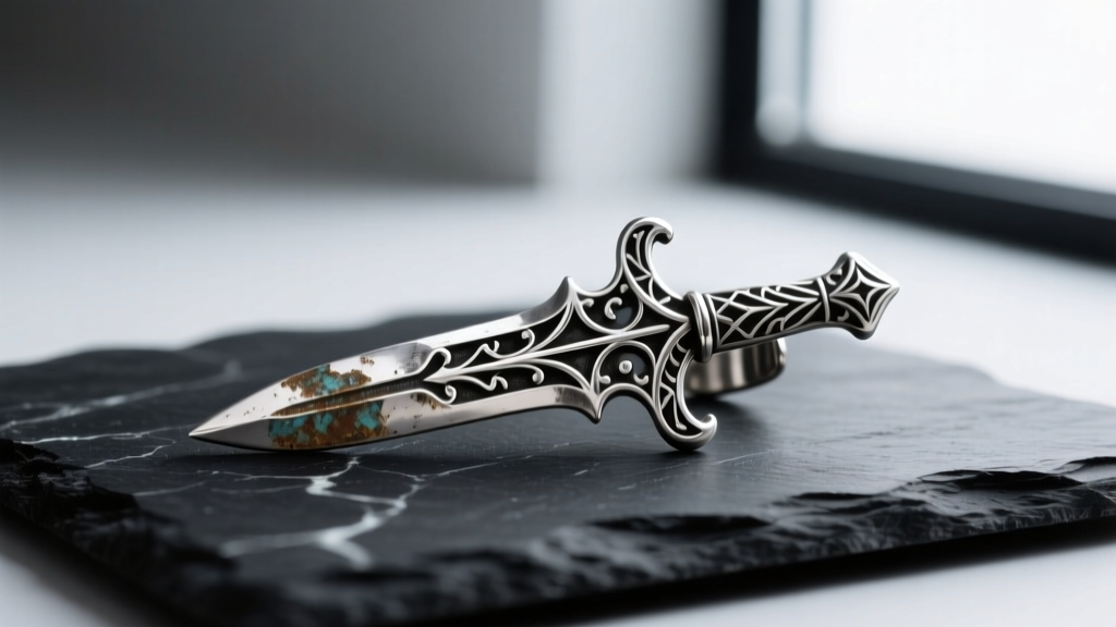 Close-up of an oxidized 925 sterling silver dagger ear cuff with gothic filigree details resting on a dark slate surface.