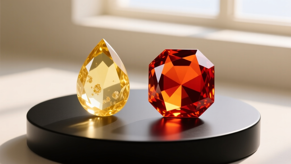 Gemological comparison of a pale yellow natural citrine drop and a deep reddish-orange heat-treated amethyst citrine stone
