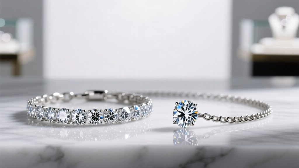 Natural diamond tennis chain next to a lab-grown alternative, showing identical brilliance under a bright jeweler