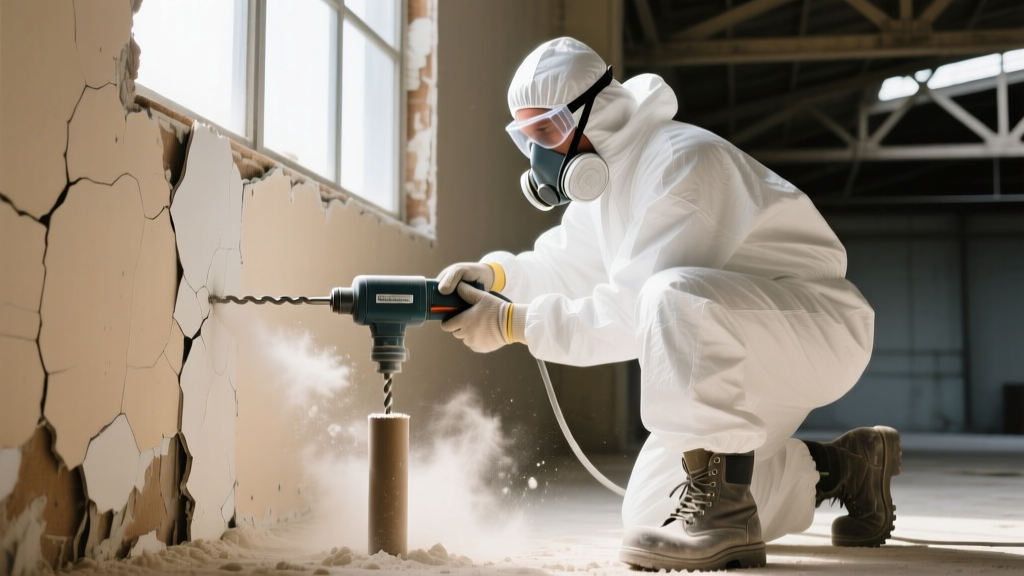 Certified inspector in PPE extracting a core sample from vintage drywall joint compound using a specialized wall coring tool