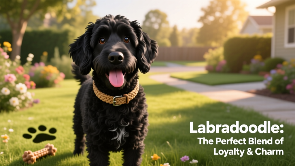 Black labradoodle sticks tongue out in sunny outdoor portrait