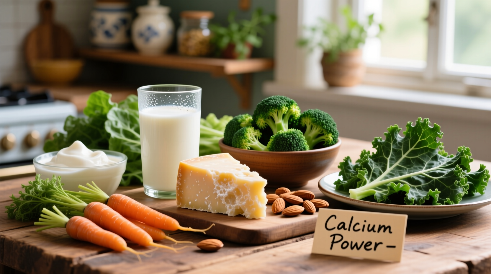 Colorful display of calcium-rich foods including dairy and greens