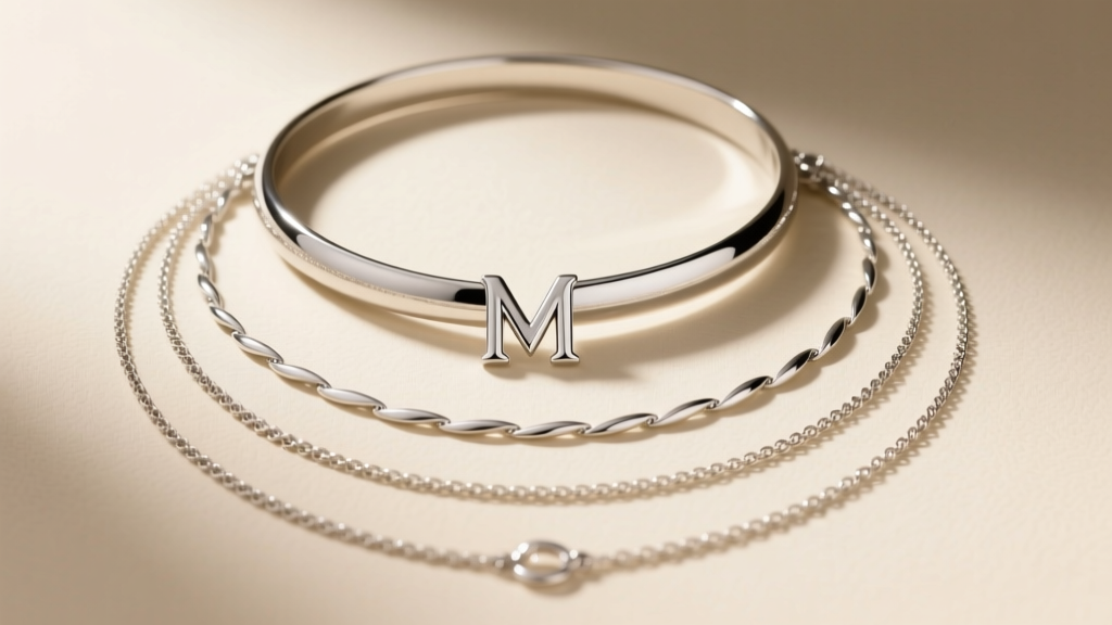 Flat lay of a layered stack featuring a 14-inch silver choker, an 18-inch silver M pendant, and a 22-inch silver lariat chain