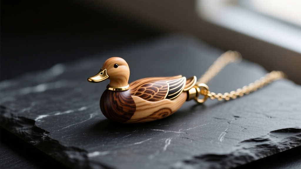 Macro shot of 1:4 scale miniature duck call necklace pendant made of stabilized maple burl wood and brass, resting on dark slate.