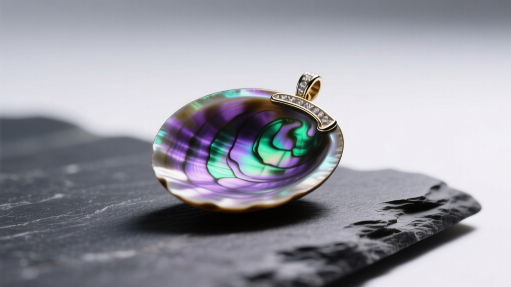 Macro photo of iridescent purple and green abalone shell pendant on dark slate, illuminated by soft directional studio lighting