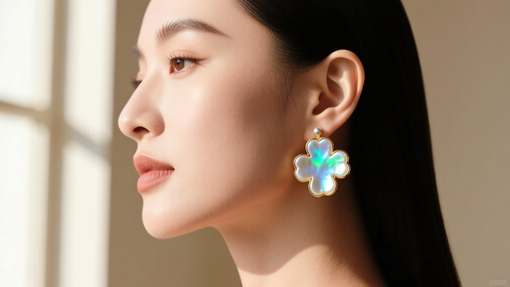 Side profile of a woman wearing medium-sized mother of pearl clover drop earrings, highlighting the jawline and earlobe placement.