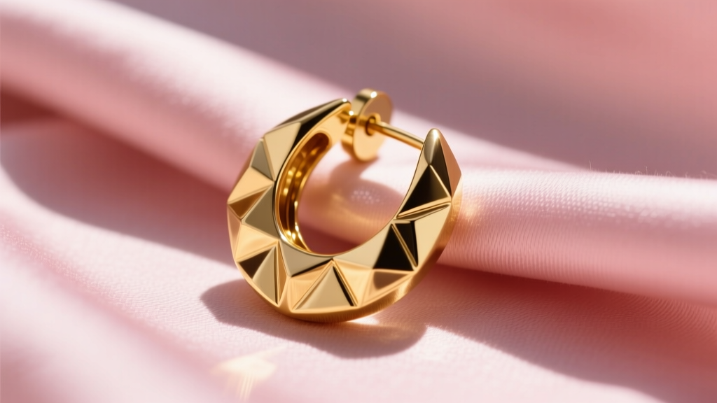 Close-up of a heavy gold statement earring with a secure omega backing resting on soft pink silk fabric in bright natural sunlight
