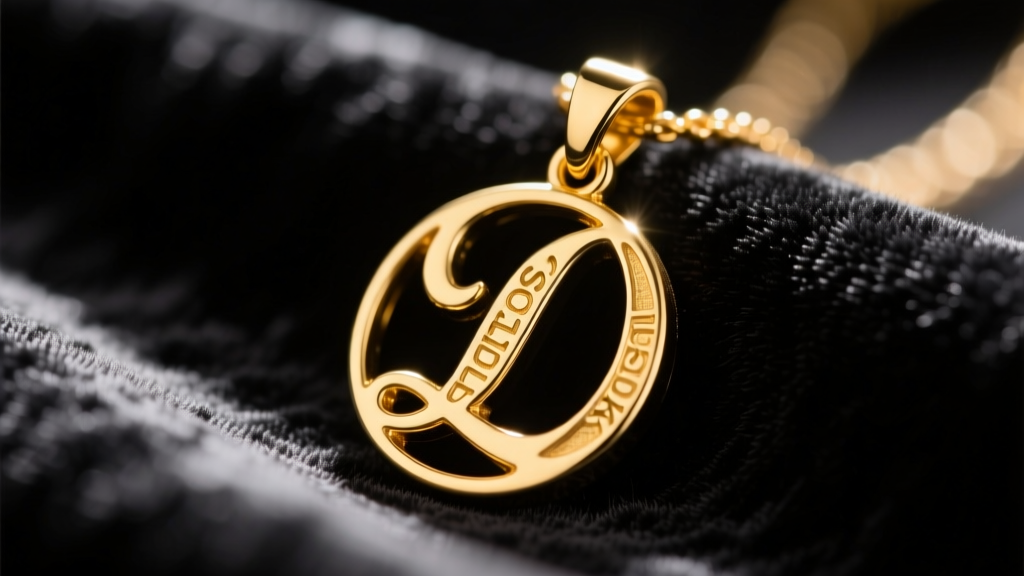 Close-up of a 14k solid gold custom initial pendant on dark velvet, highlighting deep hand-stamped typography and polished finish.
