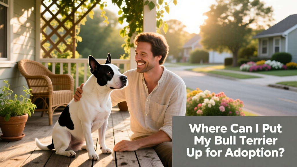 A calm, friendly bull terrier sitting beside a smiling adult on a sunlit porch