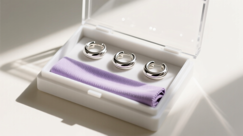 Overhead view of an anti-tarnish box holding polished sterling silver hoops and a specialized microfiber silver polishing cloth