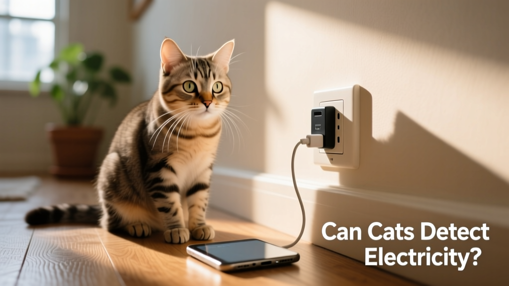 A curious cat sitting near a wall outlet, ears perked and whiskers forward, observing a plugged-in device