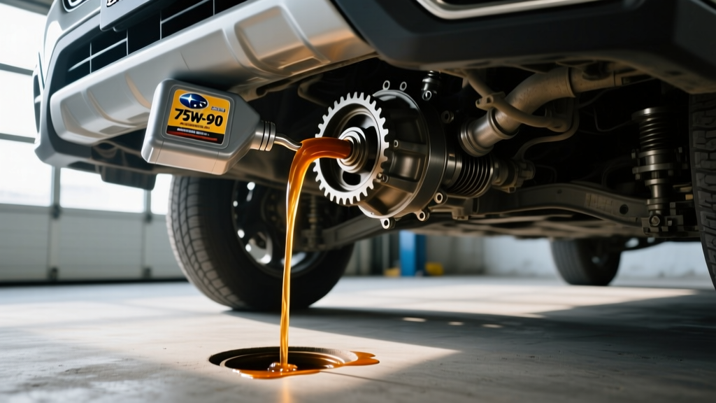 Fluid pump transferring 75W-90 gear oil into the front differential fill hole of a Subaru Outback