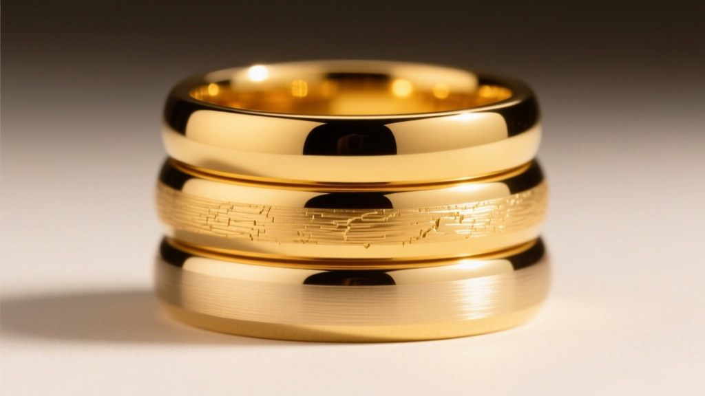 Three stacked gold rings in 24k, 18k, and 14k, highlighting subtle color shifts and surface textures under warm studio lighting.