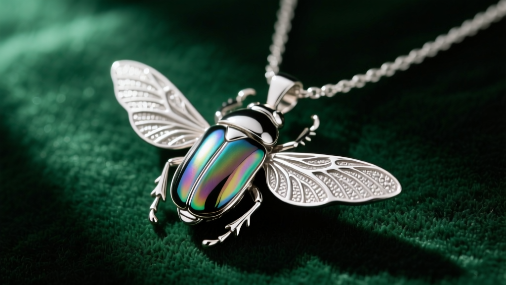 Macro shot of a detailed sterling silver beetle bug necklace pendant on dark green velvet, highlighting intricate wing textures
