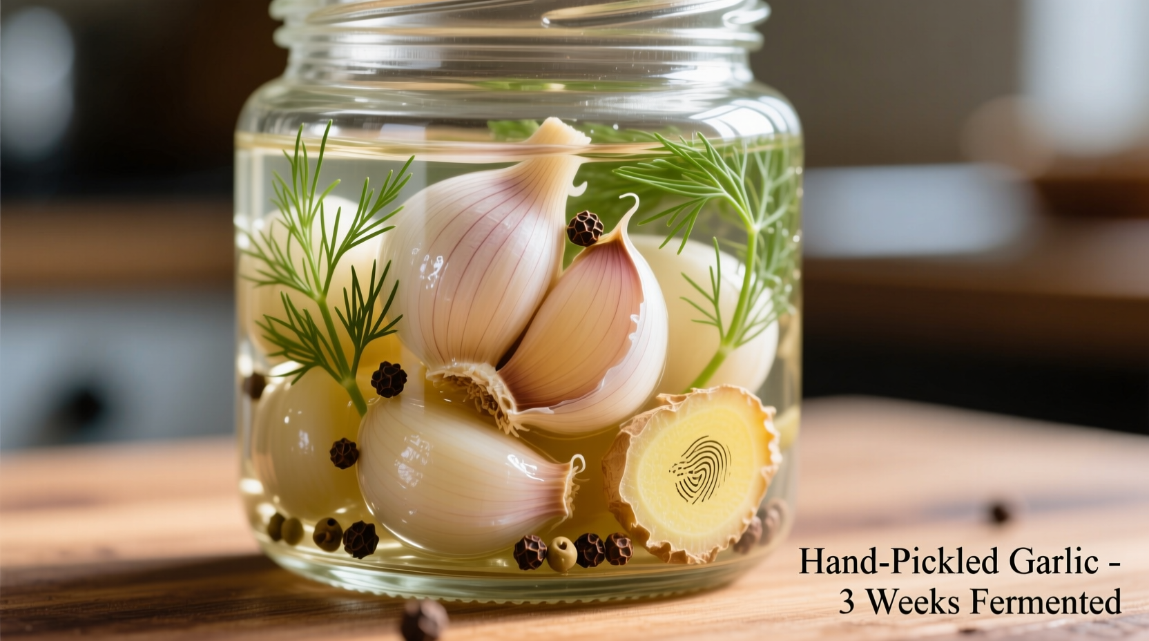 Close-up of pickled garlic cloves in glass jar with herbs