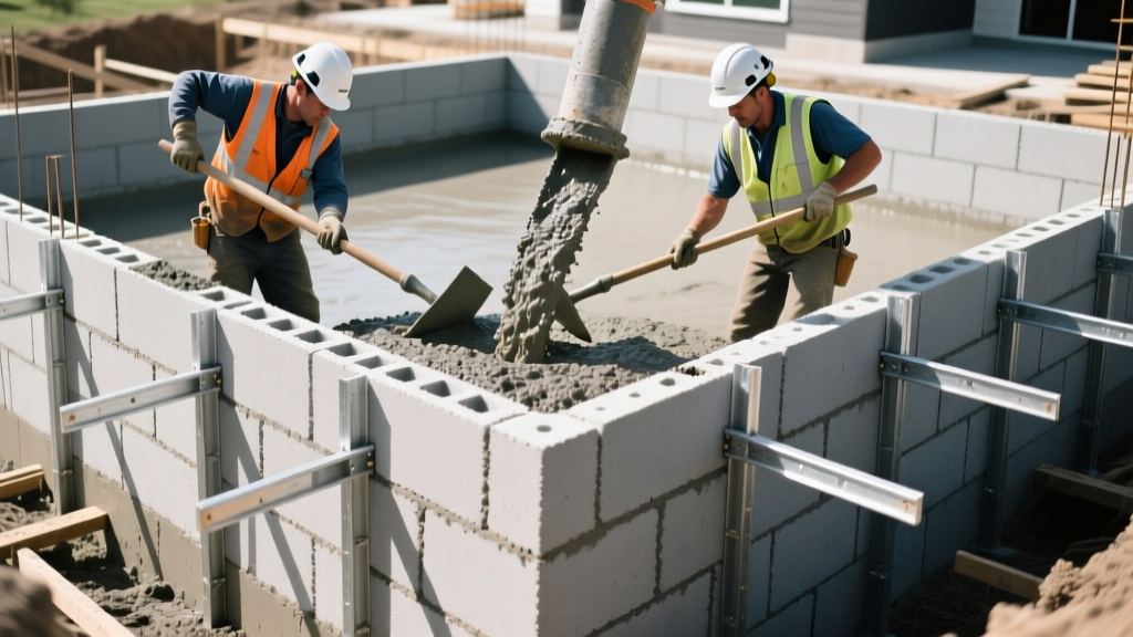Crew pouring high-slump concrete into stacked gray foam ICF wall blocks with aluminum bracing on a residential foundation