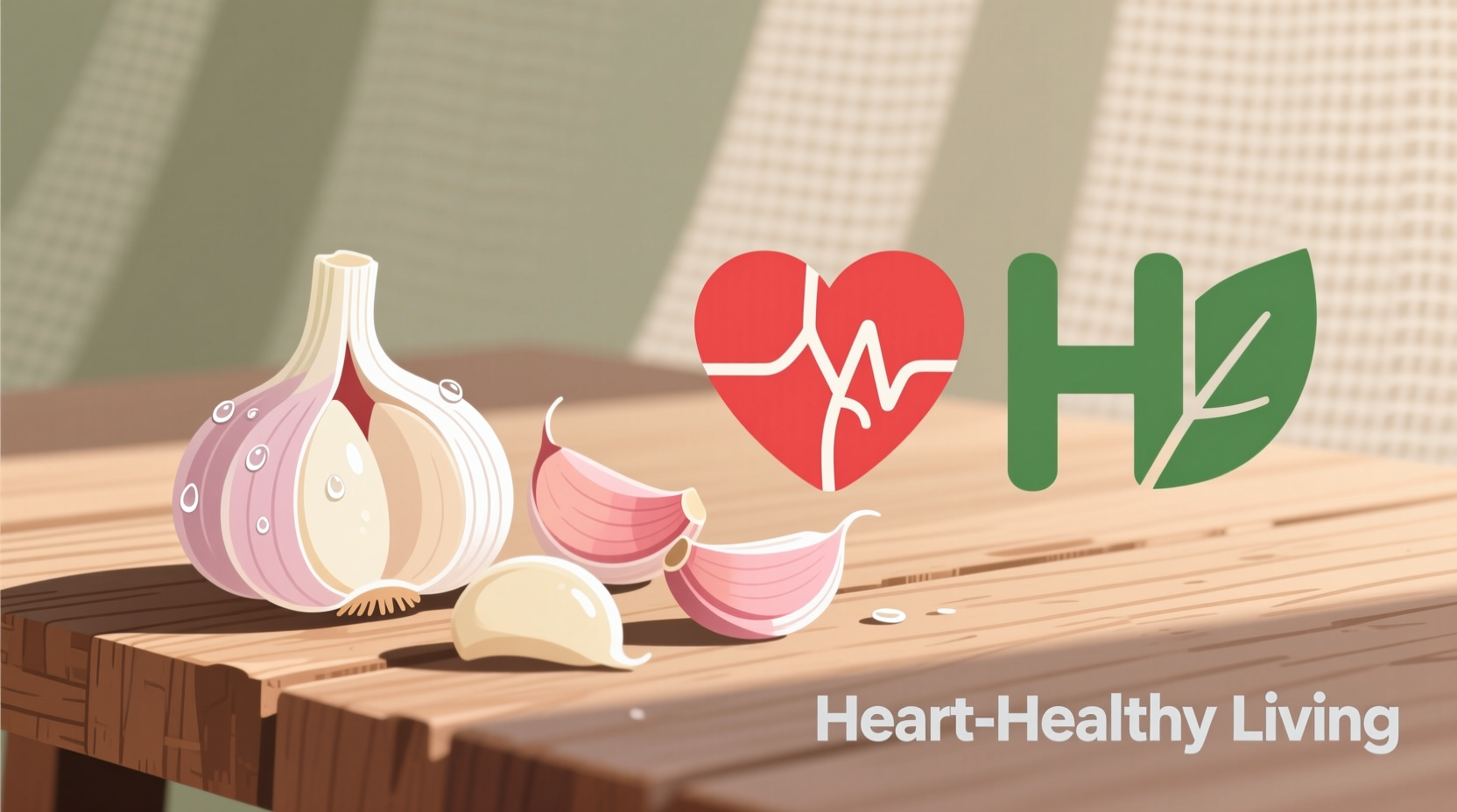 Fresh garlic cloves next to heart health symbols
