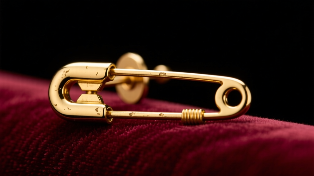 Gold-tone Moschino safety pin earrings on velvet, showing the heavy brass hinge and thick post mechanism in soft studio lighting.