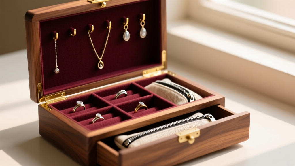 Open wooden jewelry box showing individual felt compartments, hanging hooks for long necklaces, and anti-tarnish zip pouches.