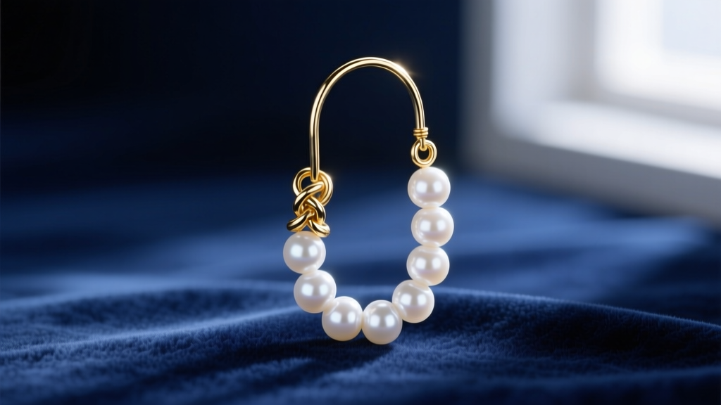 Macro shot of a gold ear wire holding a knotted strand of 8mm white freshwater beaded pearl earrings resting on dark blue velvet.