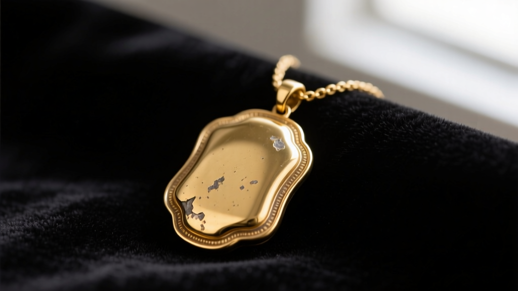 Close-up of a faded gold-plated brass pendant necklace on dark velvet, highlighting worn edges and exposed brass undertones.