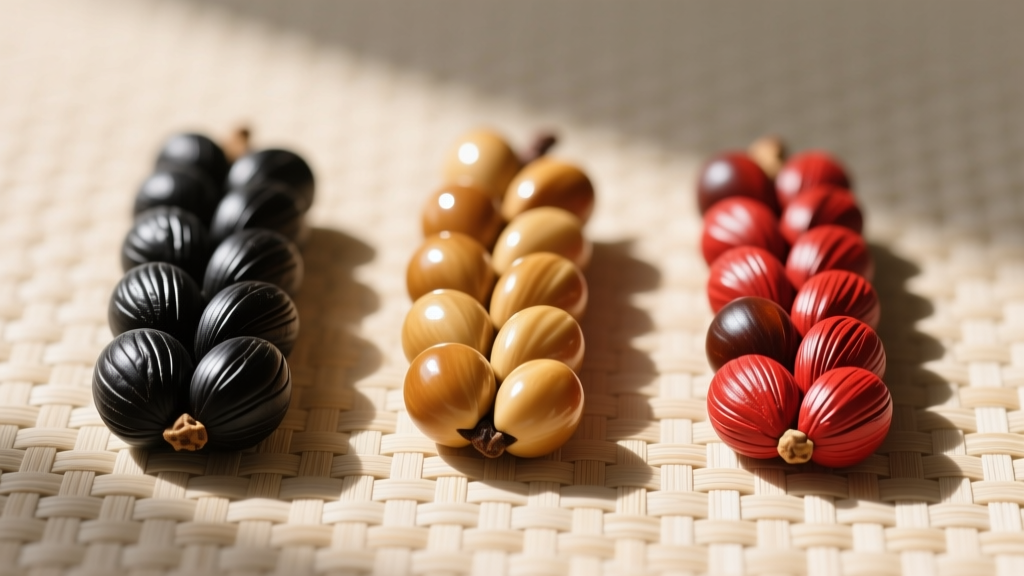 Three kukui nut strands on a woven mat, showcasing natural black, polished blonde, and painted red colors side-by-side in sunlight