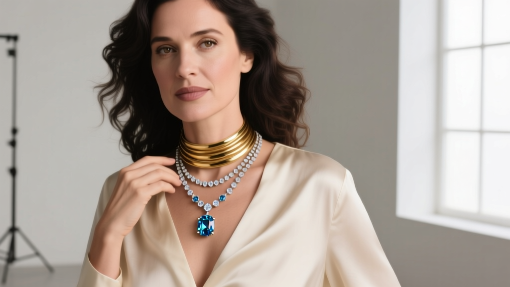 Woman styling a layered topaz diamond necklace with a 14-inch gold choker and 20-inch diamond pendant over a cream silk blouse.
