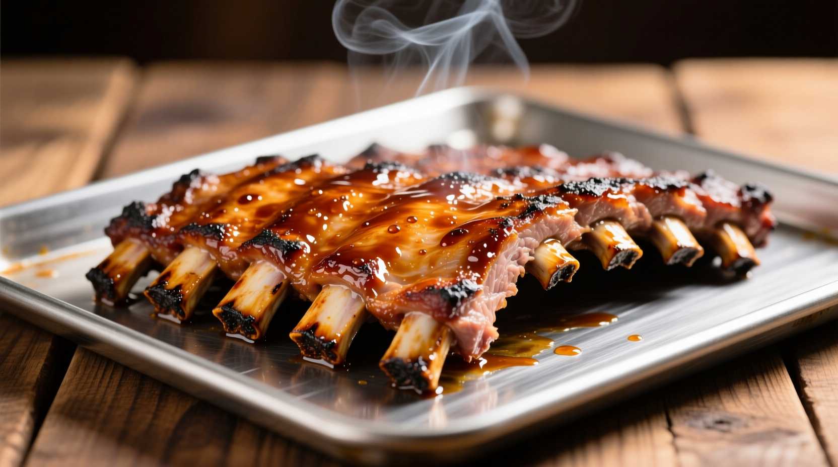 Perfectly cooked pork ribs on baking sheet