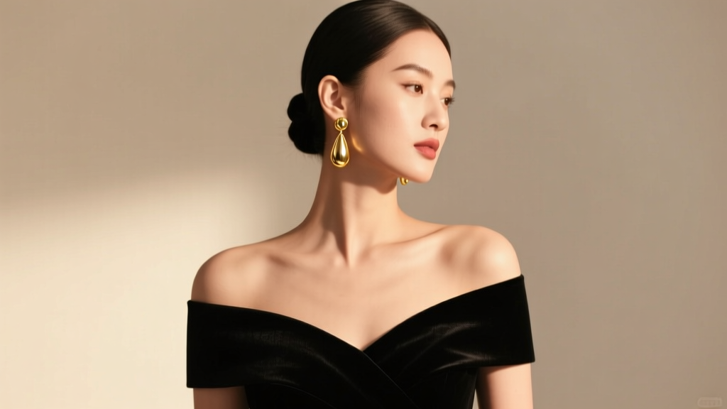 Woman with a sleek low bun wearing gold teardrop earrings, styled with a black off-shoulder gown under warm studio lighting