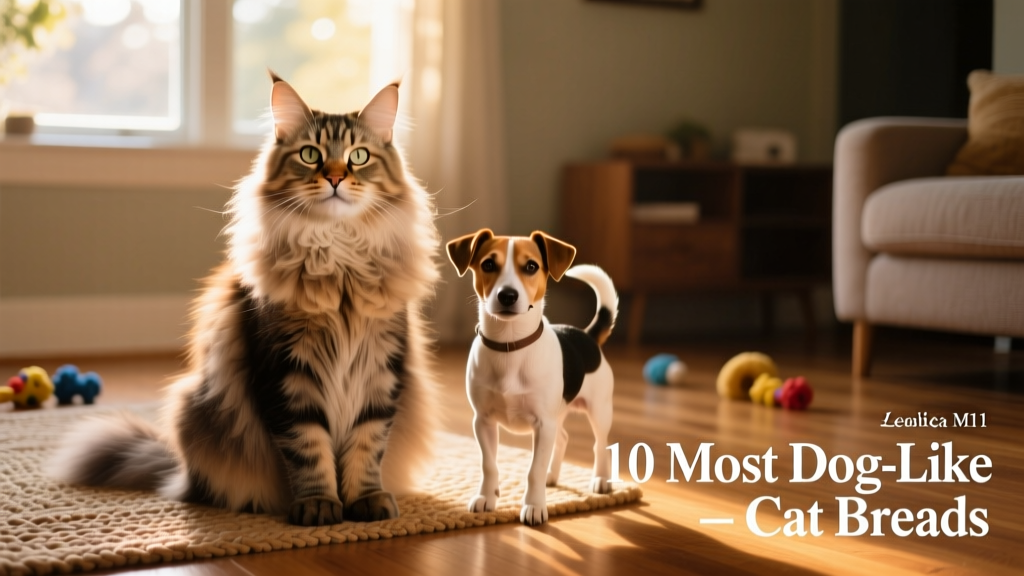 A large, fluffy Maine Coon sitting upright beside a small terrier, both gazing calmly at the camera