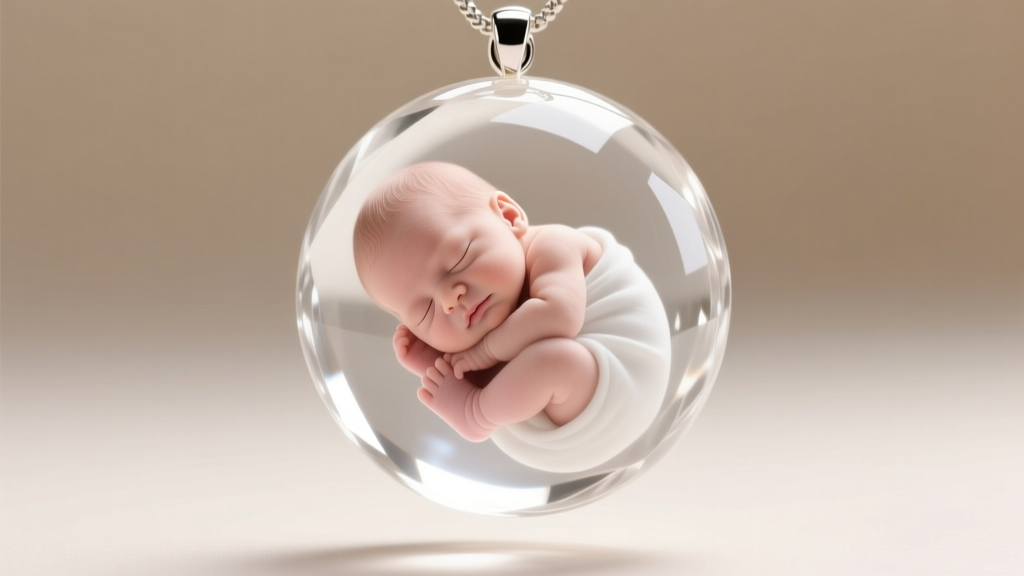 Macro shot of a clear resin pendant encapsulating a white baby