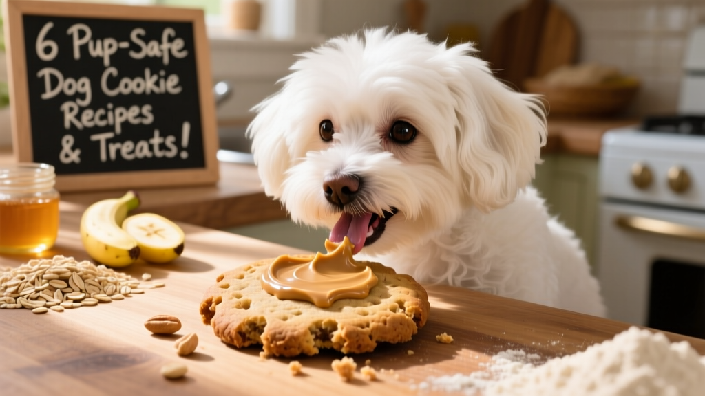 Maltese Bichon happily licking peanut butter from a cookie