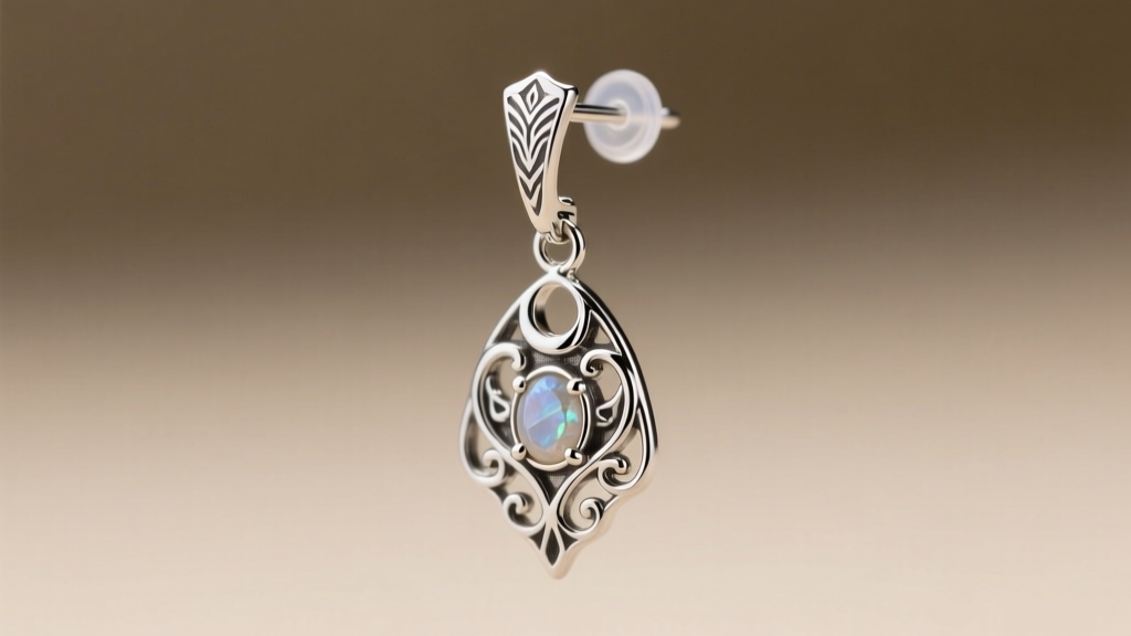 Close-up of a 20-gauge sterling silver earring post with a silicone stabilizer back, supporting a heavy fantasy elven drop design
