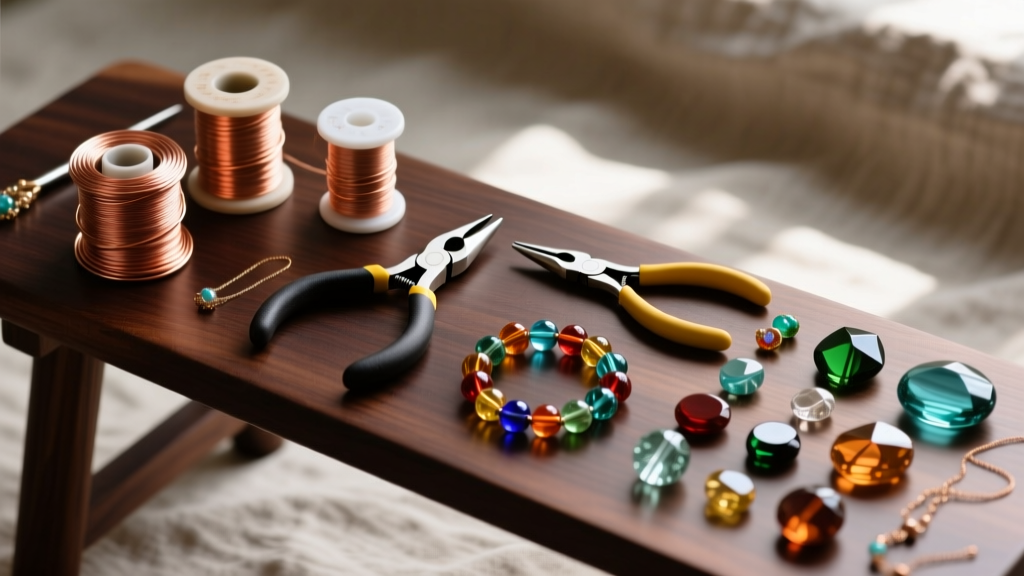 Overhead flat lay of a beginner jewelry workspace with copper wire spools, round nose pliers, flush cutters, and glass beads on a dark wooden bench.