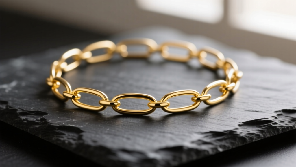 Macro shot of a 14k yellow gold paper clip necklace on dark slate, highlighting elongated oval links and seamless solder joints.
