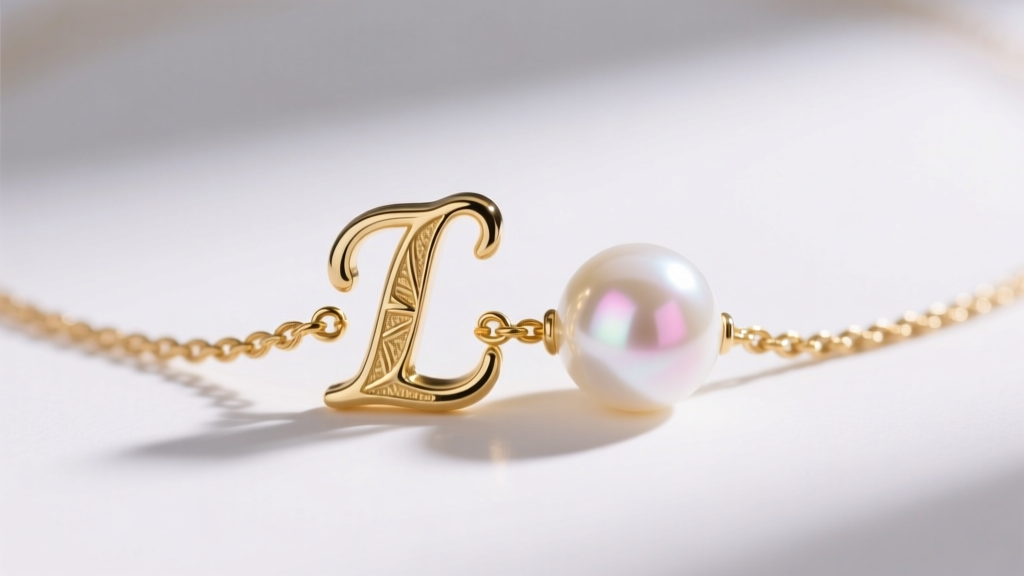 Macro shot of a 14k yellow gold lowercase initial pendant beside a high-luster white Akoya pearl on a delicate cable chain.