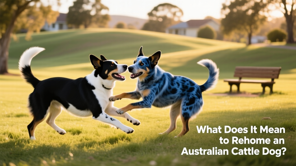 Two Australian Cattle Dogs playing together in a grassy park, showcasing their energy and bond