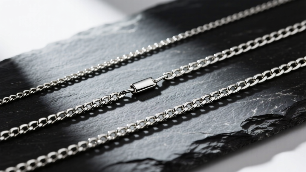Overhead flat lay of three silver chains measuring 3mm, 5mm, and 8mm wide, arranged neatly on a dark textured slate stone surface