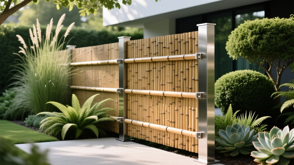 Structural bamboo fence with 4-inch Guadua posts on steel bases, horizontal Moso rails, and stainless steel hardware in a modern garden